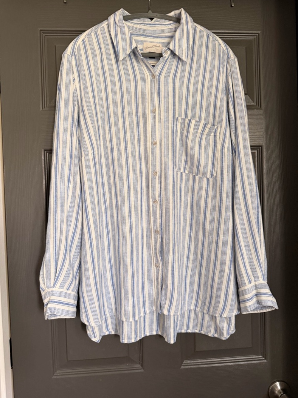 Linen Blend Light Blue and White Vertical Stripe Button-Down Shirt